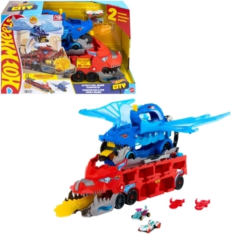 Trasportatore doppio drago Hot Wheels City con pista e 2 macchinine