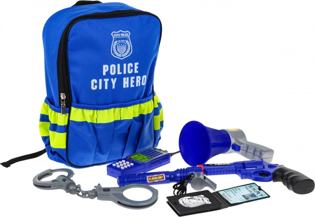 Attrezzatura per piccolo poliziotto nello zainetto - set della polizia
