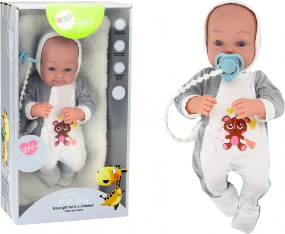 Bambola di stoffa con ciuccio e accessori 35 cm