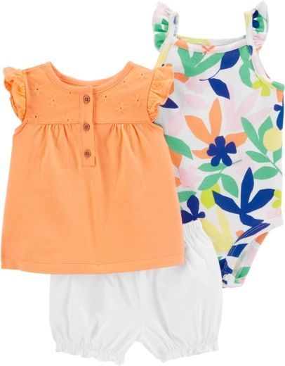 Set a 3 pezzi Carter's per bambina Orange Flower (body, maglietta e pantaloncini) 9 m