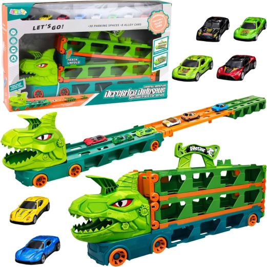 Camion dinosauro con macchinine 4in1 – trasportatore, pista da corsa e lanciatore, 2,1 m