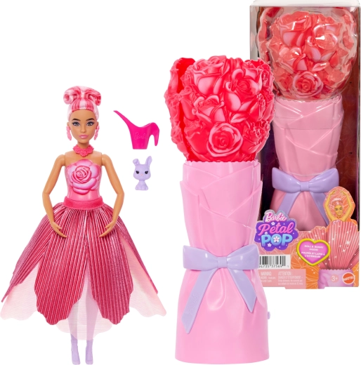 Bambola Barbie Petal Pop sorpresa floreale rosa rossa con accessori
