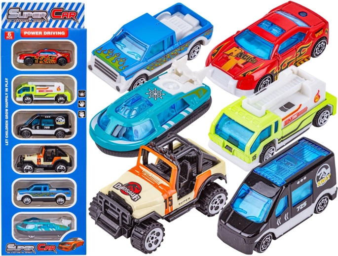 Set di automobiline in metallo 1:64 – mix turistico 6 pz (SWAT, hovercraft, jeep)
