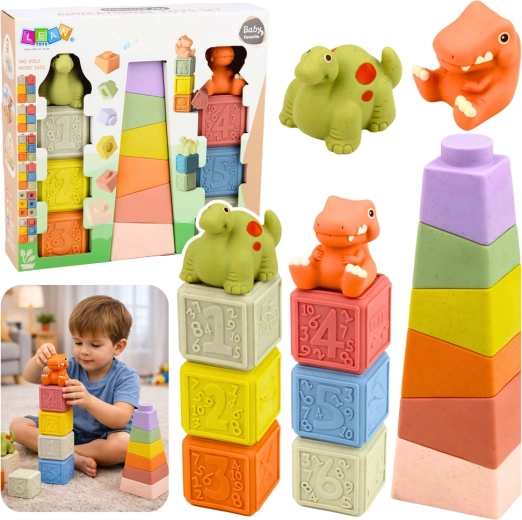 Morbidi cubi sensomotori in gomma e piramide con dinosauri, 14 pezzi