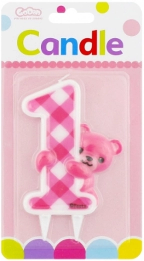 Grande candela di compleanno numero 1 orsetto rosa - 1 pezzo