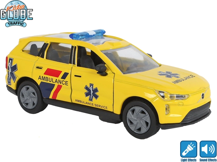 Kids Globe Traffic ambulanza in metallo Volvo EX90 a retrocarica con luce e suono 13,5 cm
