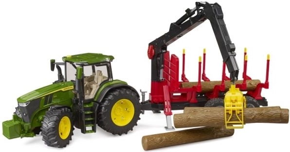 Trattore Bruder John Deere 7R 350 con rimorchio forestale e 4 tronchi
