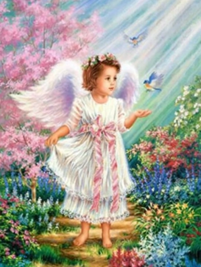 Pittura con diamanti Angioletto con uccellini 30 × 40 cm