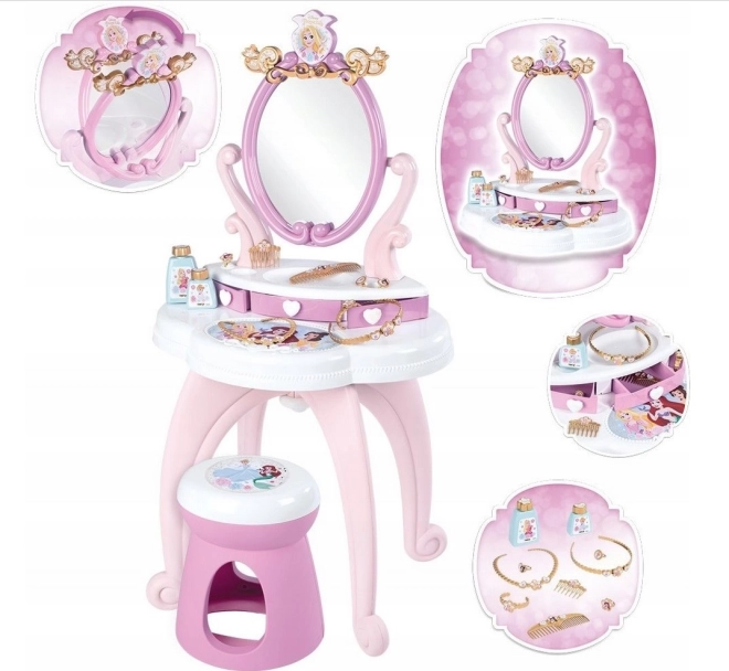 Smoby Disney Princess tavolino da toeletta 2 in 1 con specchio girevole e sgabello