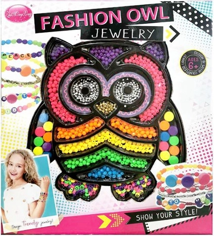 Perline colorate per creare braccialetti in confezione a forma di gufo