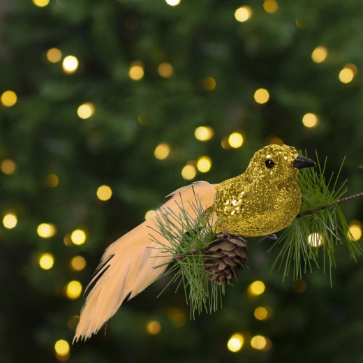 Decorazione natalizia con clip, uccellino glitterato dorato – 2 pezzi