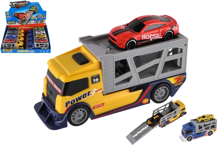 Camion trasportatore in plastica con auto 15 cm, ruote libere, 2 colori