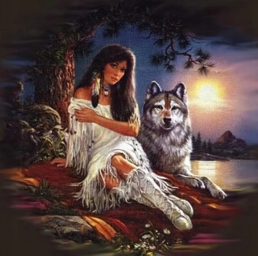 Dipingere con i numeri ragazza nativa americana con lupo 40 × 50 cm