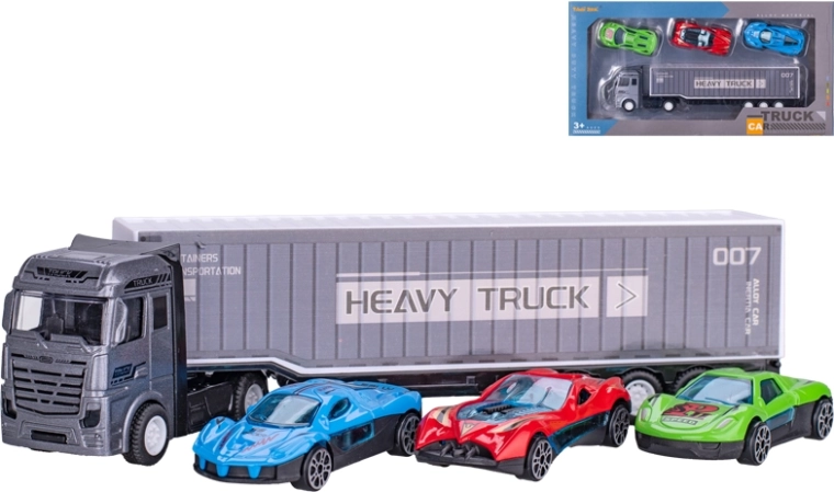 Camion in metallo con 3 macchinine, 22 cm