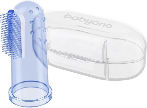 BabyOno spazzolino da denti in silicone da dito con custodia blu