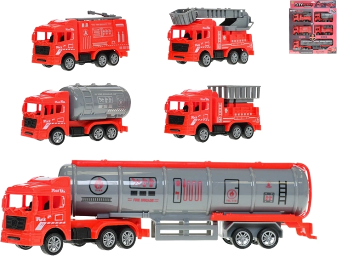 Set di camion dei pompieri a retrocarica, 5 pezzi