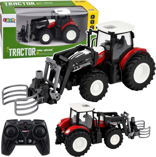 Trattore agricolo RC radiocomandato con caricatore frontale e pinza per balle 1:24, rosso