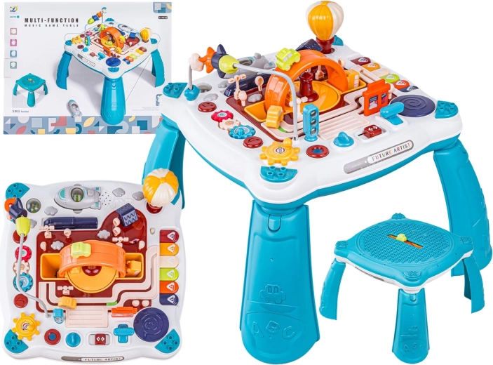 Tavolino educativo interattivo 2 in 1 per bambini con veicoli e pianolino – blu
