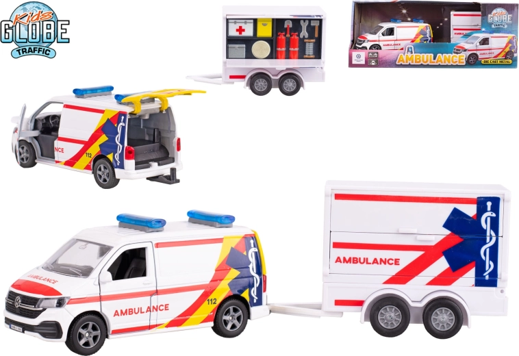 Kids Globe Traffic ambulanza VW Transporter con rimorchio 1:16