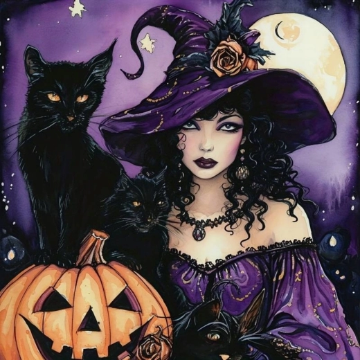 Pittura diamantata strega con gatto nero e zucca 30 × 40 cm