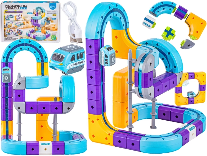 Pista magnetica con discesa e trenino – kit di costruzione 54 pezzi