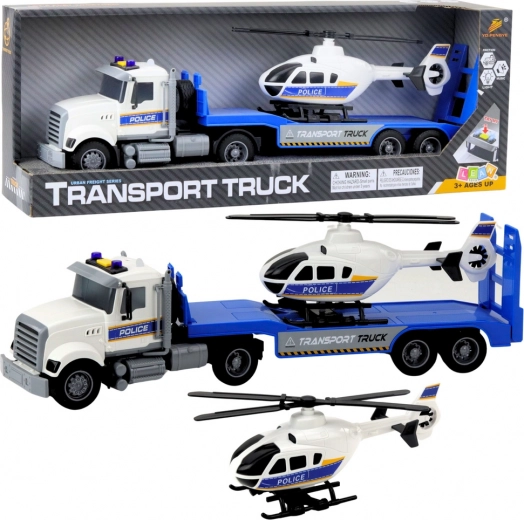 Trattore stradale di trasporto della polizia con elicottero con luci e suoni