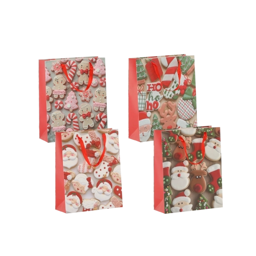 Borse regalo natalizie con motivo biscotti 18 × 24 × 8 cm, nastri rossi, set da 12 pz
