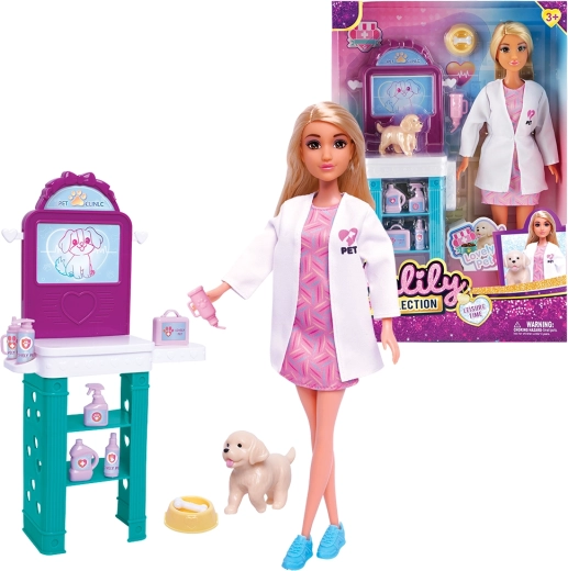 Bambola veterinaria con cucciolo e accessori