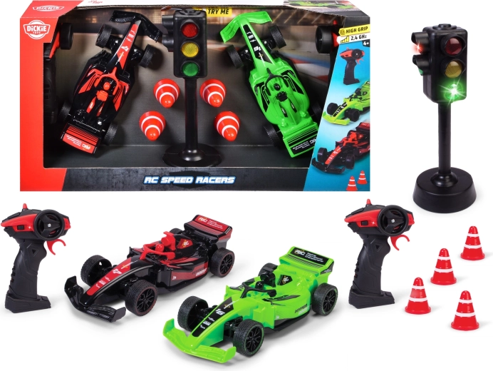 Dickie RC Speed Racers – set di due auto da corsa radiocomandate con segnalazione luminosa e coni