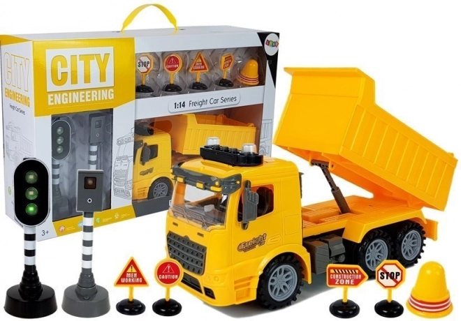 Set di costruzione camion da cantiere con segnaletica stradale e luci 1:14 giallo