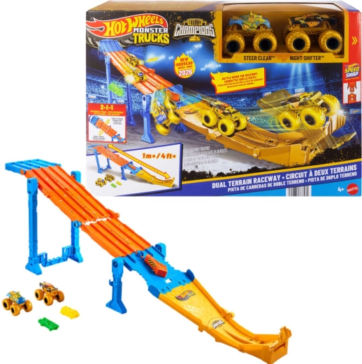 Hot Wheels Monster Trucks pista da corsa 2 in 1 dual terrain raceway + 2 monster truck