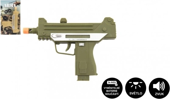 Pistola mitragliatrice in plastica 17,5 cm a batterie con suono e luce, 2 colori su cartoncino