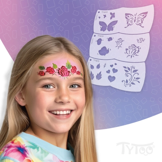 TyToo Mosaic stencil per il face painting con motivi di farfalla e rosa, 3 pezzi