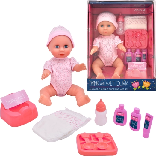 Dolls World bambolina Olivia 38 cm beve e fa la pipì con occhi che si chiudono e accessori
