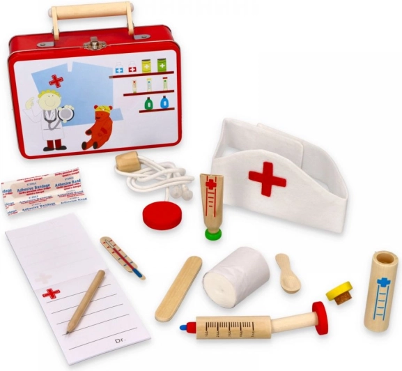 Valigetta medica in metallo per bambini con strumenti in legno
