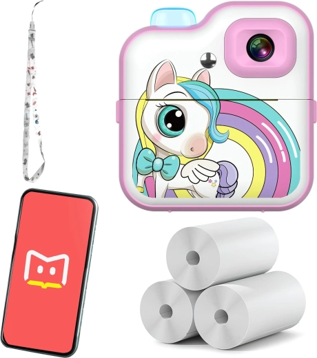Fotocamera istantanea per bambini con stampa termica RENEW FORCE – unicorno rosa