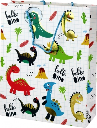 Busta regalo in carta con dinosauri, scacchi bianchi, 32 × 26 × 10 cm