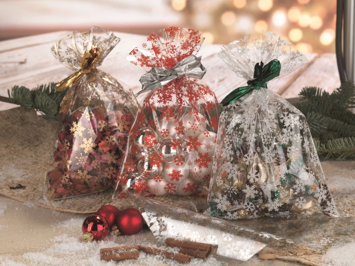 Sacchetto di cellophane 16 × 25 cm trasparente con motivo fiocchi di neve