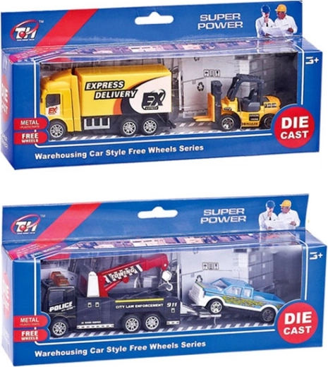Set di veicoli da cantiere – camion con carrello elevatore oppure carro attrezzi con auto