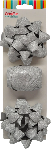 Set regalo scintillante argento (nastro 10 m + 2 fiocchi stella 9 cm)