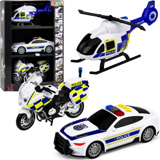 Set di veicoli della polizia con elicottero, auto e moto con luci e suoni 1:32