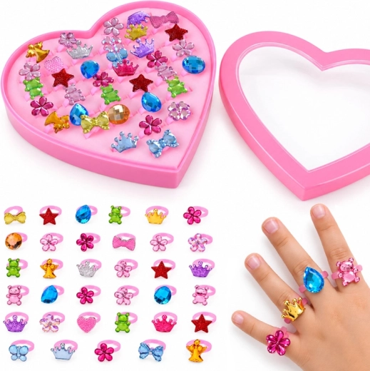 Set di anelli per bambine in scatola a forma di cuore, 36 pezzi
