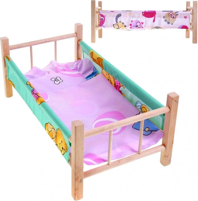 Culletta in legno per bambole con biancheria da letto