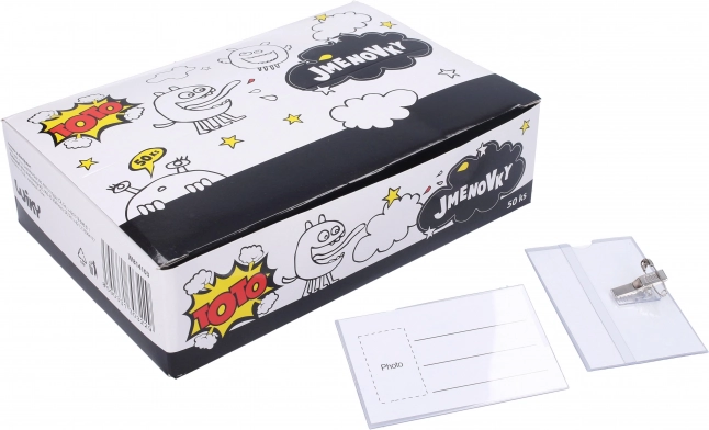 Etichetta trasparente con clip e spilla da balia