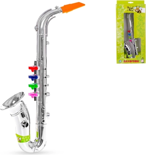 Sassofono per bambini 38 cm – strumento in plastica argentato con 4 chiavi colorate