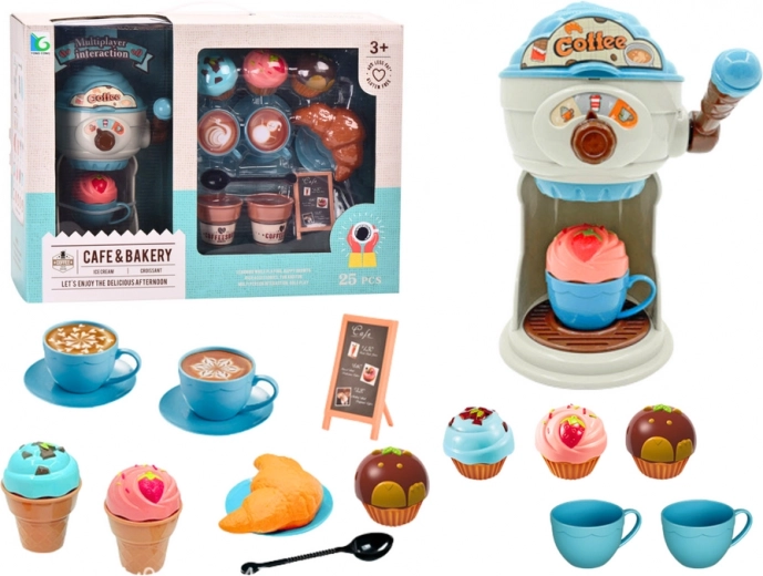 Dolci delizie del bar caffè con gelatiera, tazze e muffin