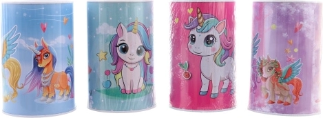 Salvadanaio in metallo con unicorni