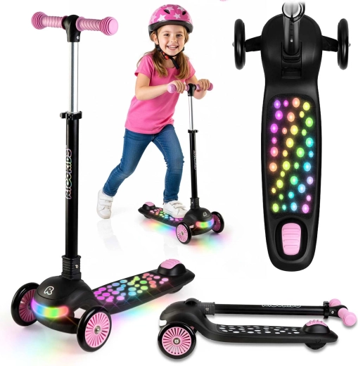 Monopattino bilanciato a tre ruote per bambini con illuminazione LED Ricokids Glowi – nero‑rosa