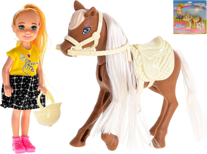 Bambola con cavallo e attrezzatura da equitazione 13 cm