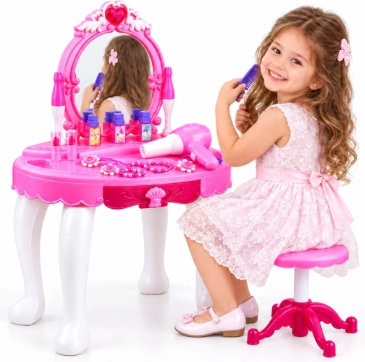 Toeletta cosmetica per bambina con specchio LED, sgabello e accessori